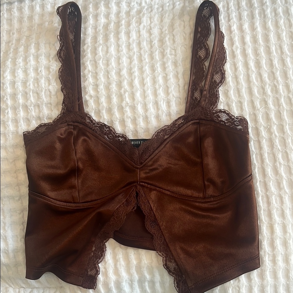 Forever 21 Chocolate Satin Lace Crop Top